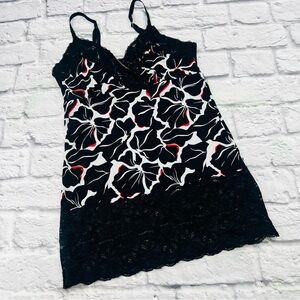 White House Black Market XS Black and Red Floral Camisol Tank Top Lace Trim